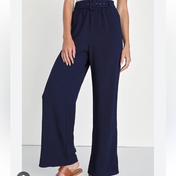 NWOT Lulus Navy Blue Wide Leg Faux Pocket Pants - Picture 5 of 6